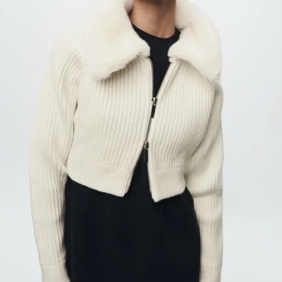 Zara Sweaters - Zara faux fur lapel collar knit cardigan